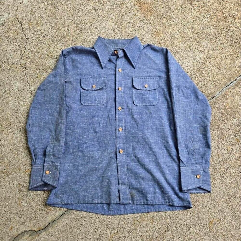 True Vtg 70s K MART Permanent Press Contrast Stitch Button Up Shirt Blue L Boho